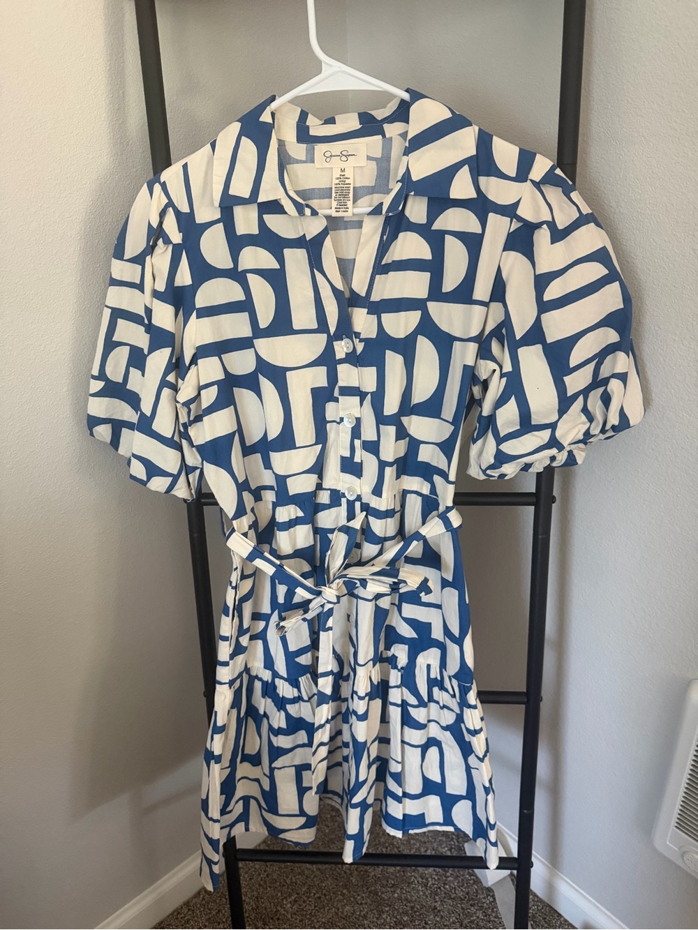 Jessica Simpson Blue and White Geometric Tie-Waist Mini Dress